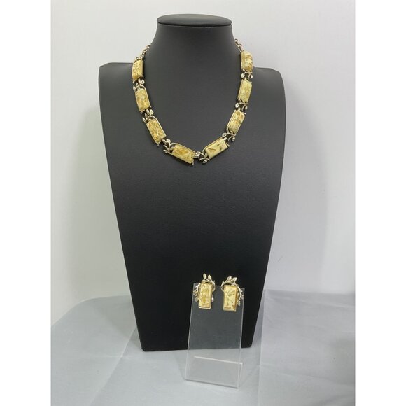 Vintage Coro Necklace & Earrings Set With Yellow Marbled Design - Picture 1 of 8